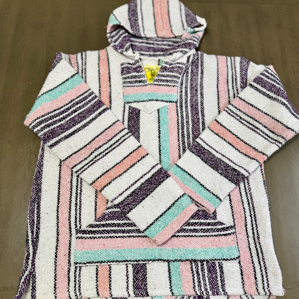 Iguana Jack Baja Hoodie Large Pastel Striped Mexican Woven Pullover Vintage